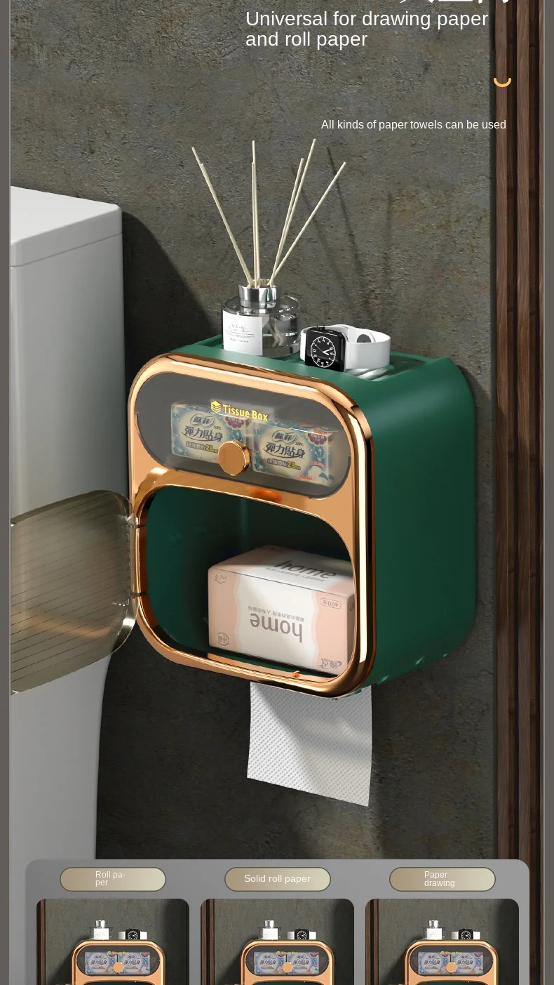 S328f72fdf6824a46b4878fd210998515B Toilet Tissue Box, Wall Mounted Waterproof Toilet Paper Box Punching Free Suction Paper Box Toilet Paper Roll Paper Storage Rack Mallzona