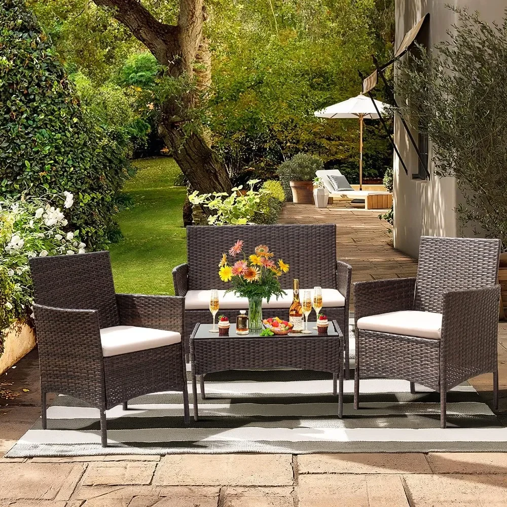 

Patio Furniture 4 Pieces Conversation Sets Outdoor Wicker Rattan Chairs Garden Backyard Balcony Porch Poolside loveseat