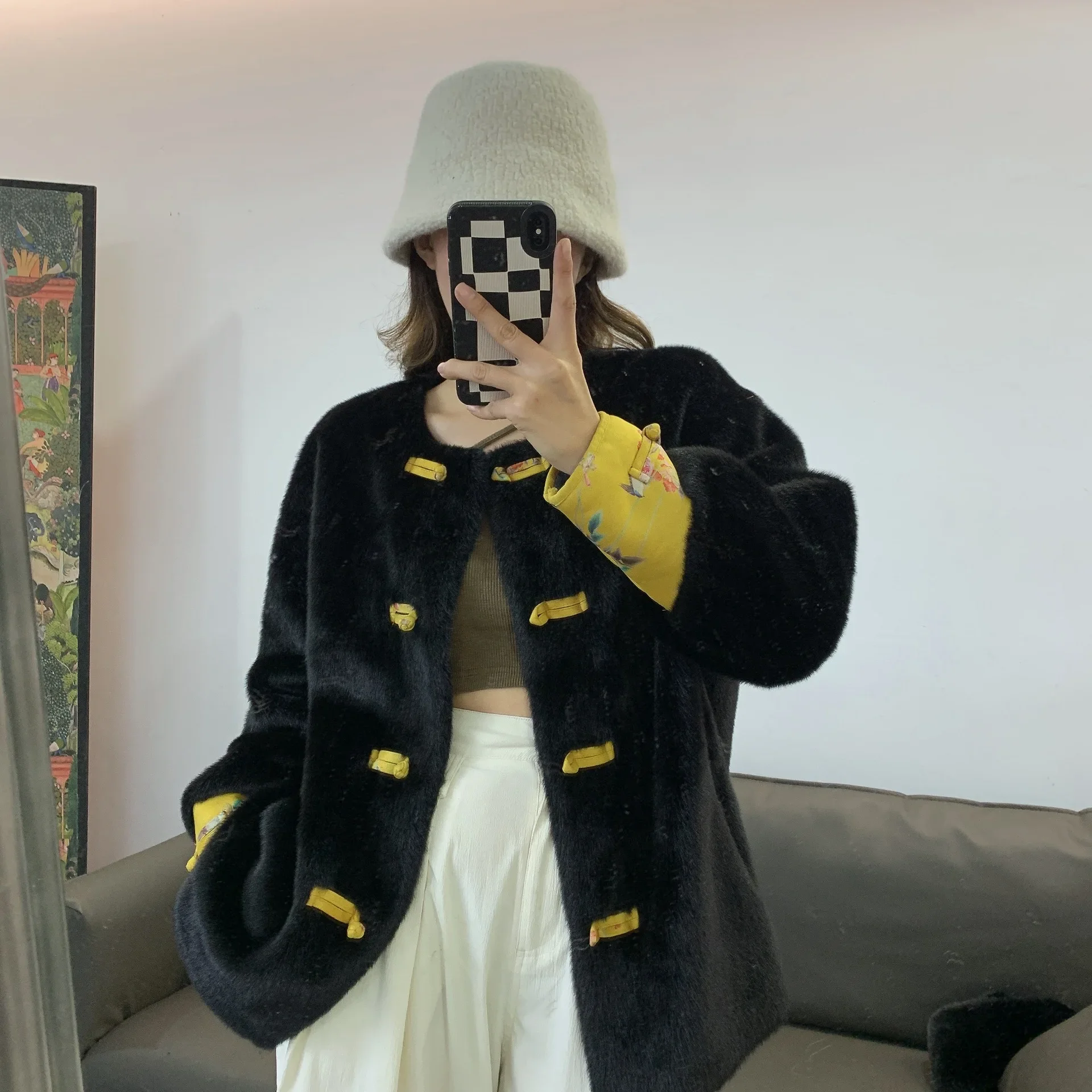 2022 New Imitation Mink European Mink Gold Mink Velvet Chinese Style Fur Environmental Protection Mao Mao Coat Slim Buckle New C