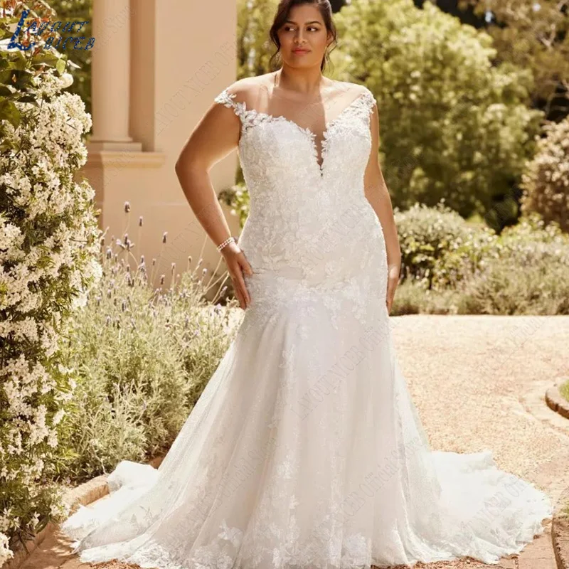 Vestidos de novia estilo boho de encaje sirena con cola de capilla Blanco Tallas Grandes