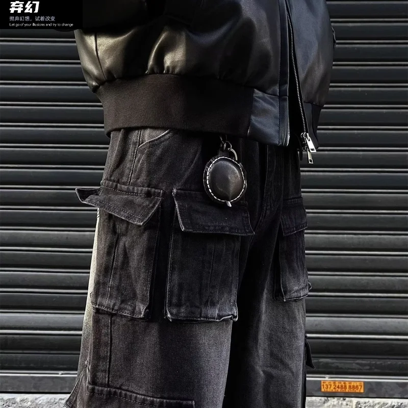 Jeans spring new popular handsome straight poilies and American street high street wild black multi -pocket men