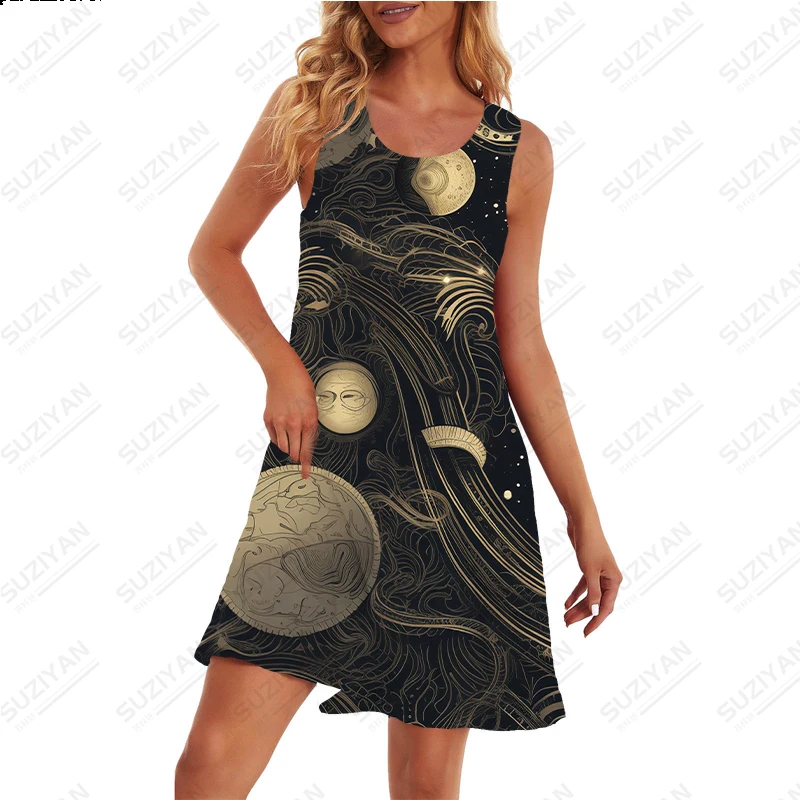 

Летнее свободное Повседневное платье 2023, платье без рукавов с принтом загадочной Галактики, модное ретро платье, простое базовое платье