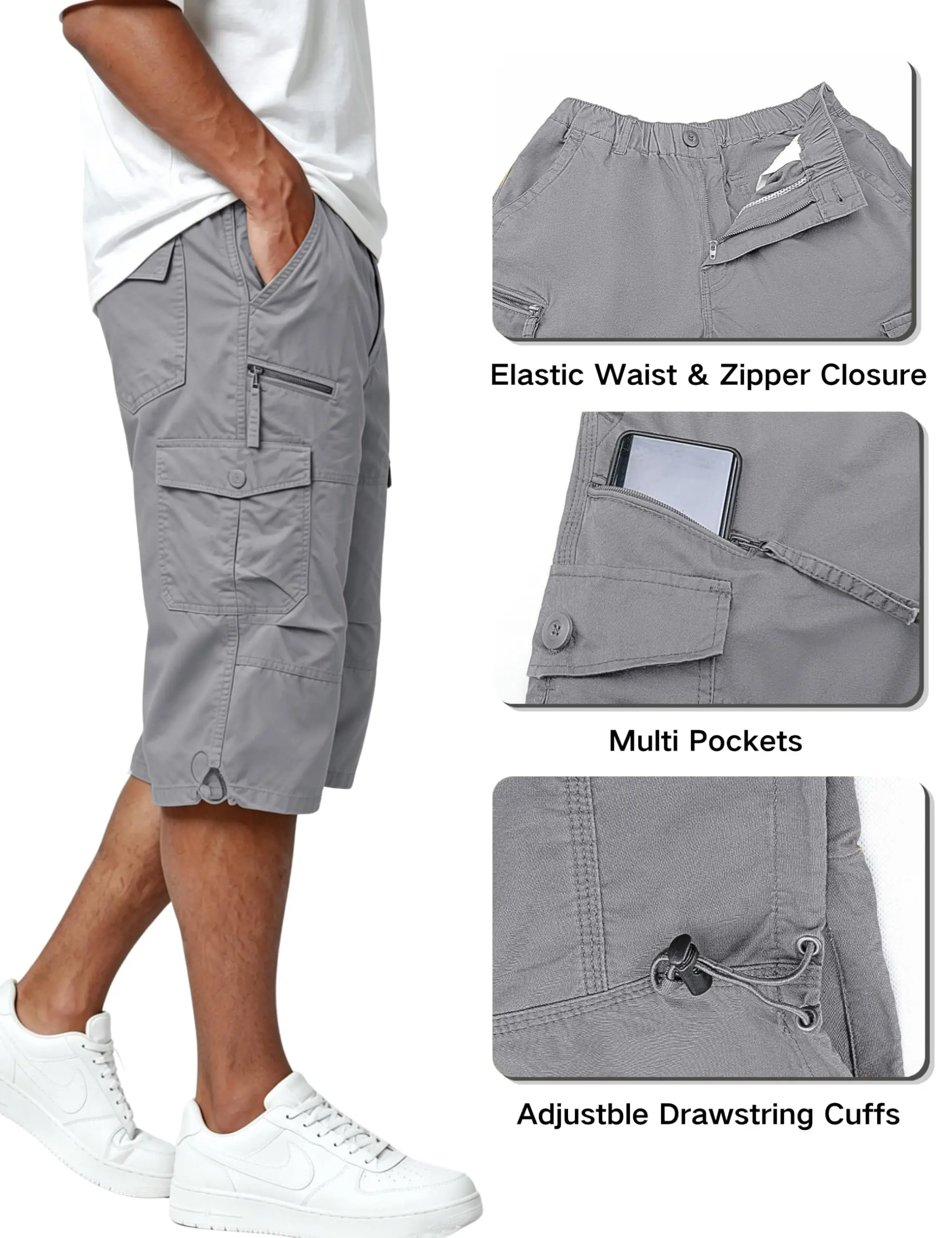 Cotton Below Knee Length Men's Outdoor Capri Pants with Multi Pockets