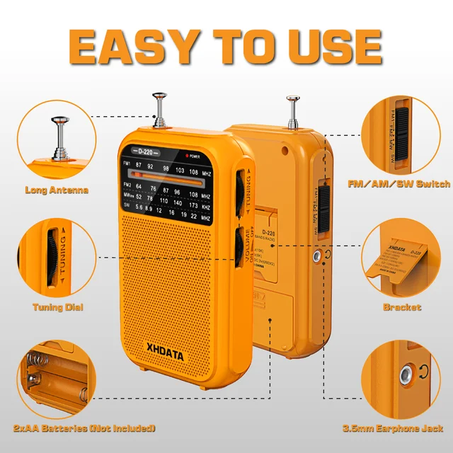 XHDATA D-220 Vintage Retro Radio FM 1-2/MW (9K/10K) /SW 4 Bands Portable Pocket Radio High Sensitivity DSP Digital Radio D220 2