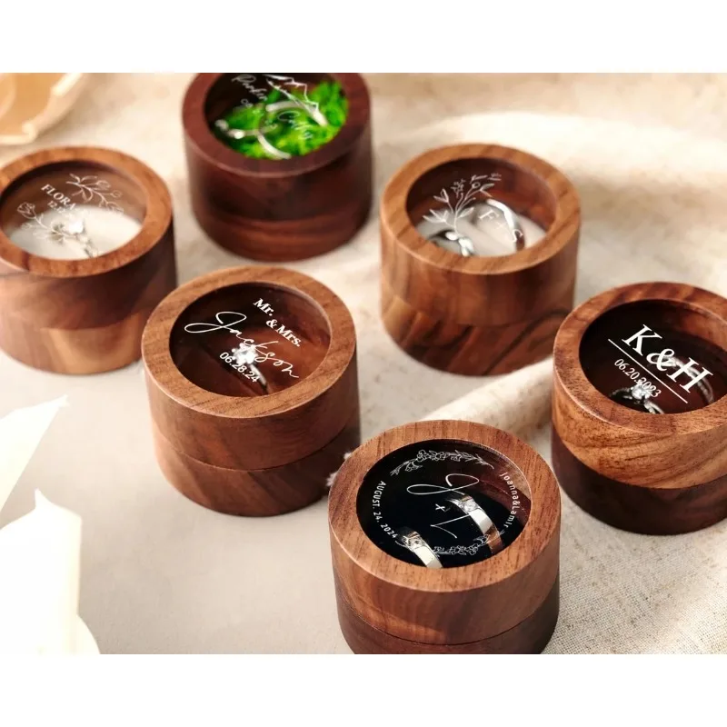 Free Personalized Ring Box Walunt Wood Round Wedding Proposal Engagement Ring Boxes with Clear Cover Free Printing Name and Date