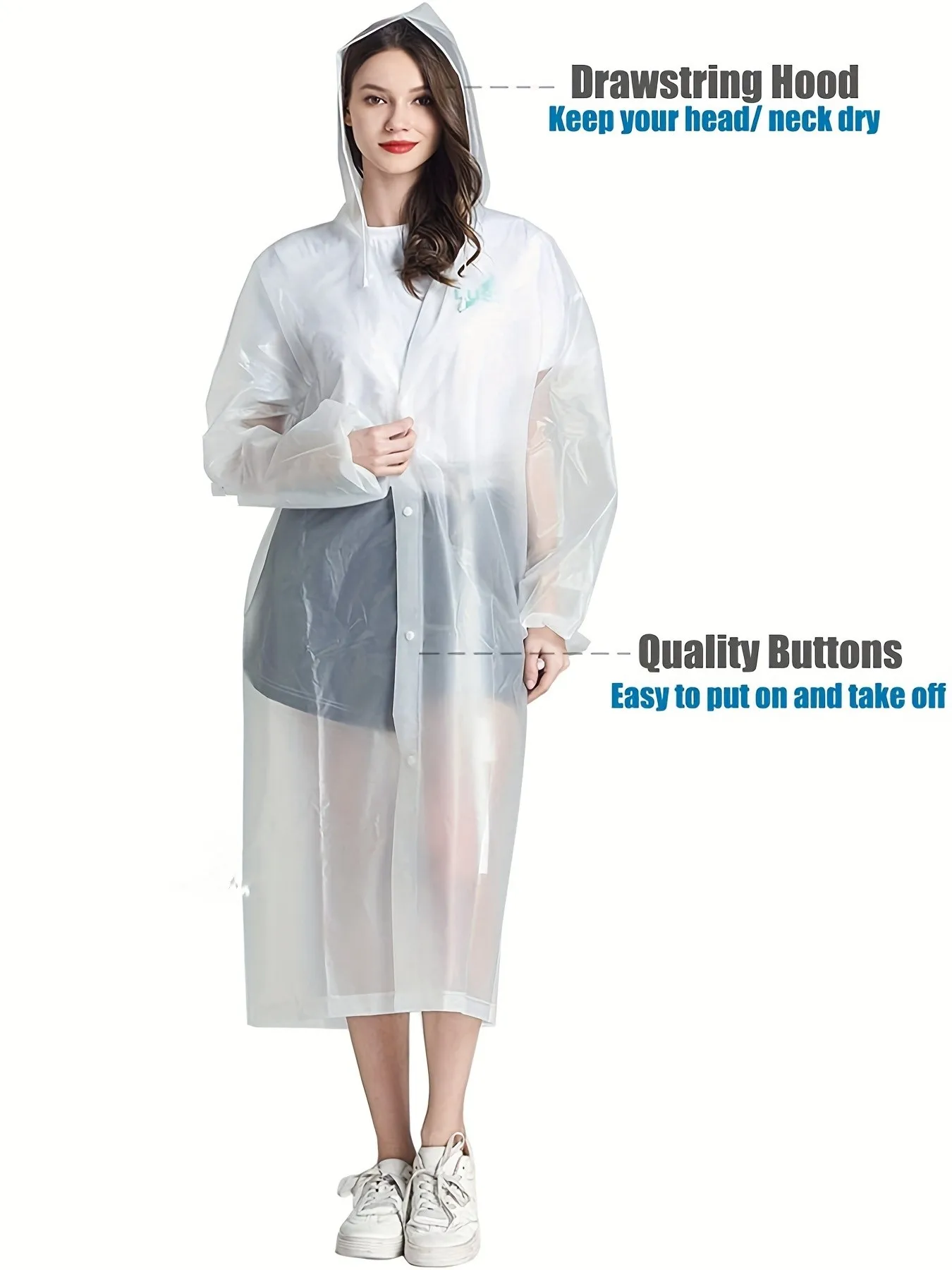 Impermeabili Per Adulti Portatili Riutilizzabili Poncho Impermeabile Addensare EVA Con Cappuccio E Maniche Per Uomo Donna Escursioni in Campeggio O Attività All'aperto,Clear b,L