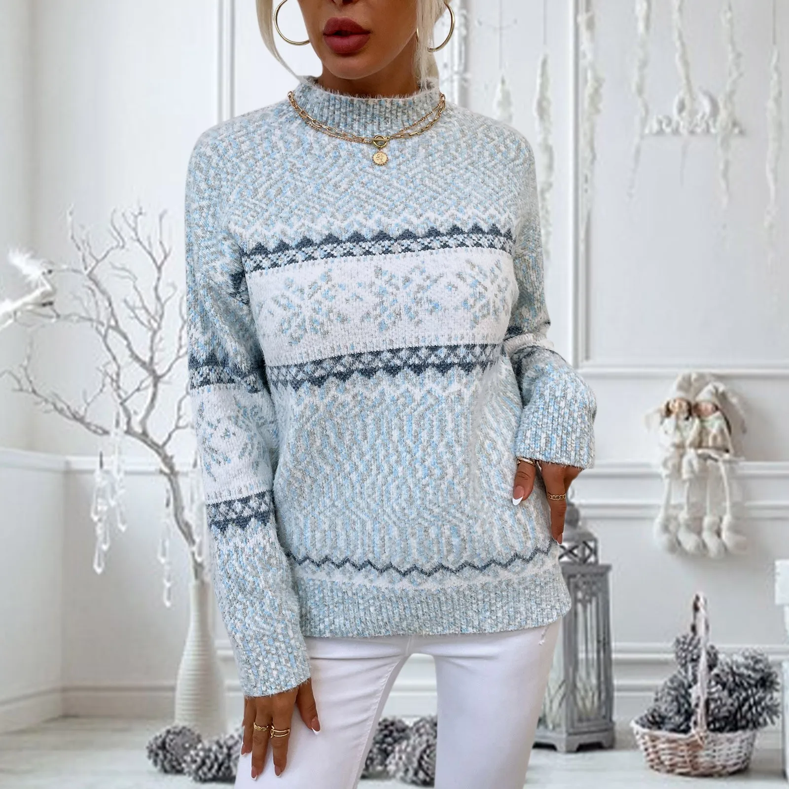 thumbnail image 1 of Suéter navideño con estampado de copos de nieve para mujer, otoño e invierno, 2024, cuello redondo, manga larga, elegante, de punto, para mujer, 1 of 5