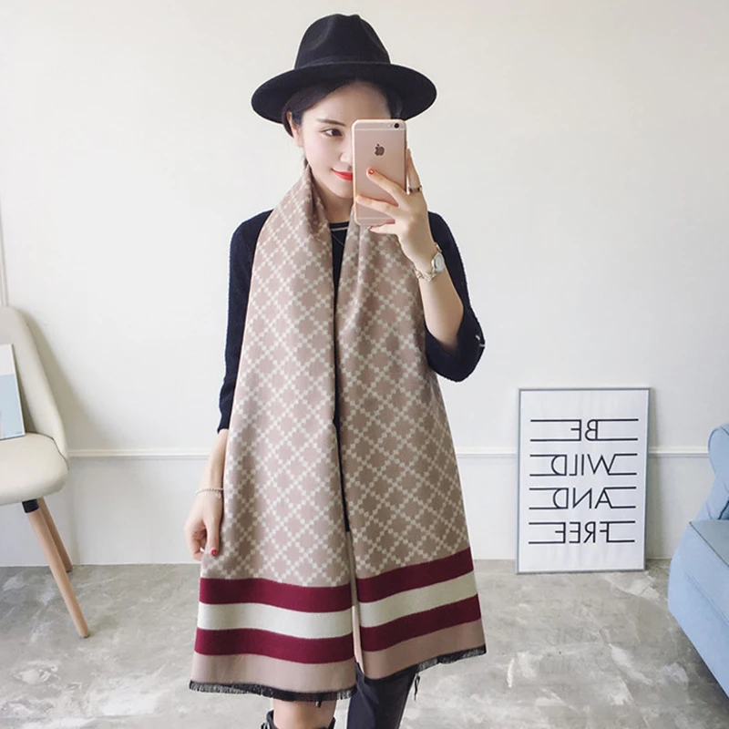 Autumn Winter Diamond Lattice Striped Cashmere Scarf Women Ladies Elegant Long Warm Shawl Double-sided Large Pashmina