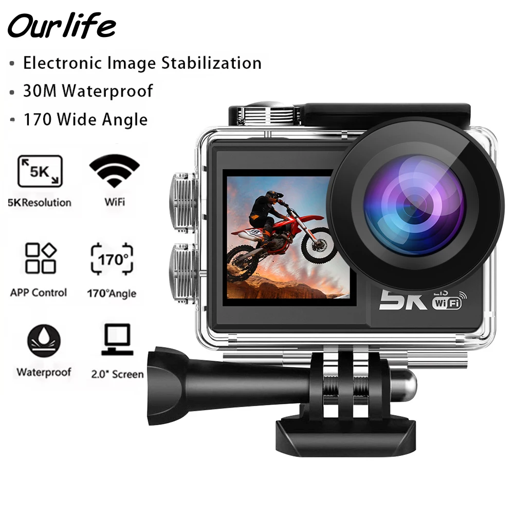 Ourlife MTR41 Action Camera 5K 4K60FPS 5X Zoom 170° 30M Waterproof 2.0'' IPS Touch LCD EIS WiFi Sport Camera With Remote Control