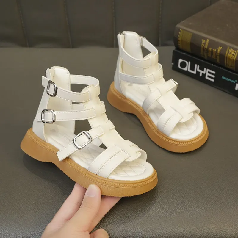 

Girls Roman Shoes Summer Children's Soft Soled Princess Beach Shoes High Top Open Toe Zip Outdoor Comfortable Kids Flat Sandals