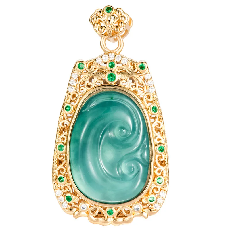 Natural A-grade Jade Blue Water Ruyi Copper Plated Gold Inlaid Ice Jadeite Pendant Women's Gifts Charms Jewelry Drop Shipping