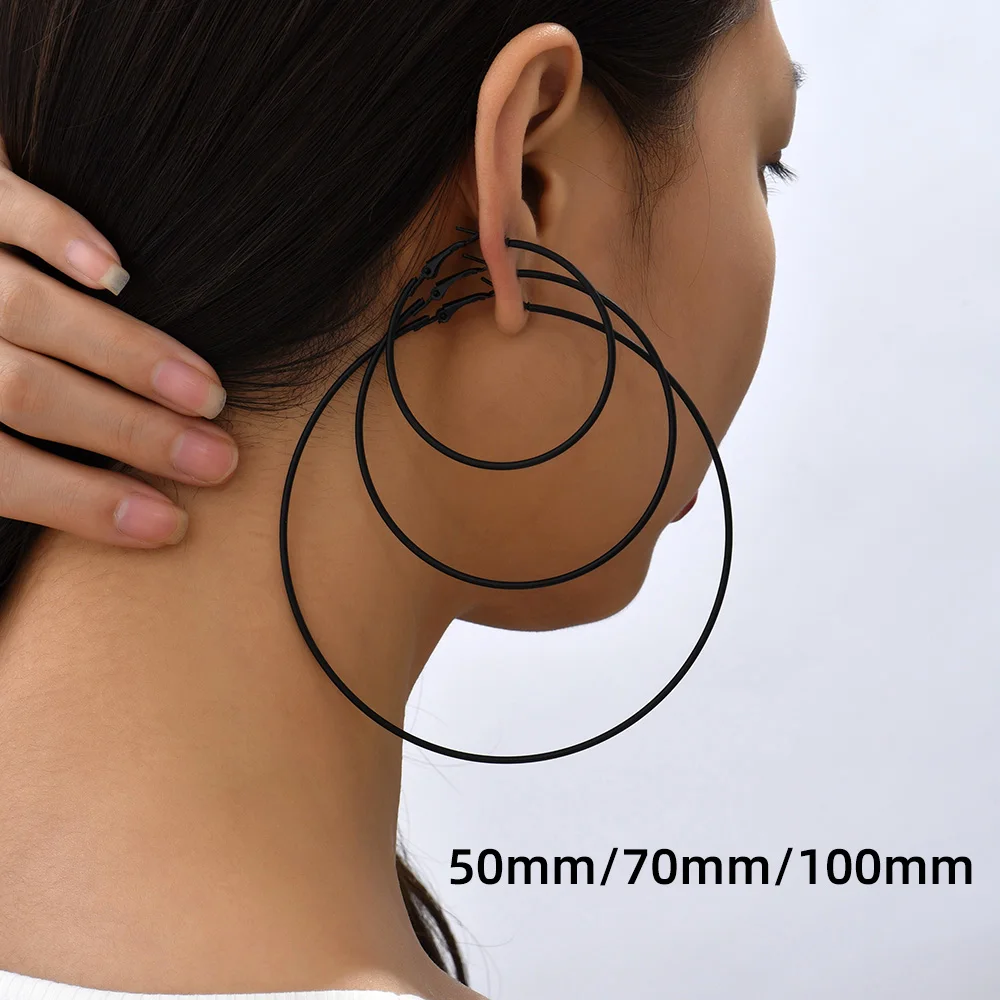 50mm-100mm Oversize Black Circle Hoop Earrings for Women Punk Exaggerated Large Smooth Round Hoops Goth Jewelry Gift