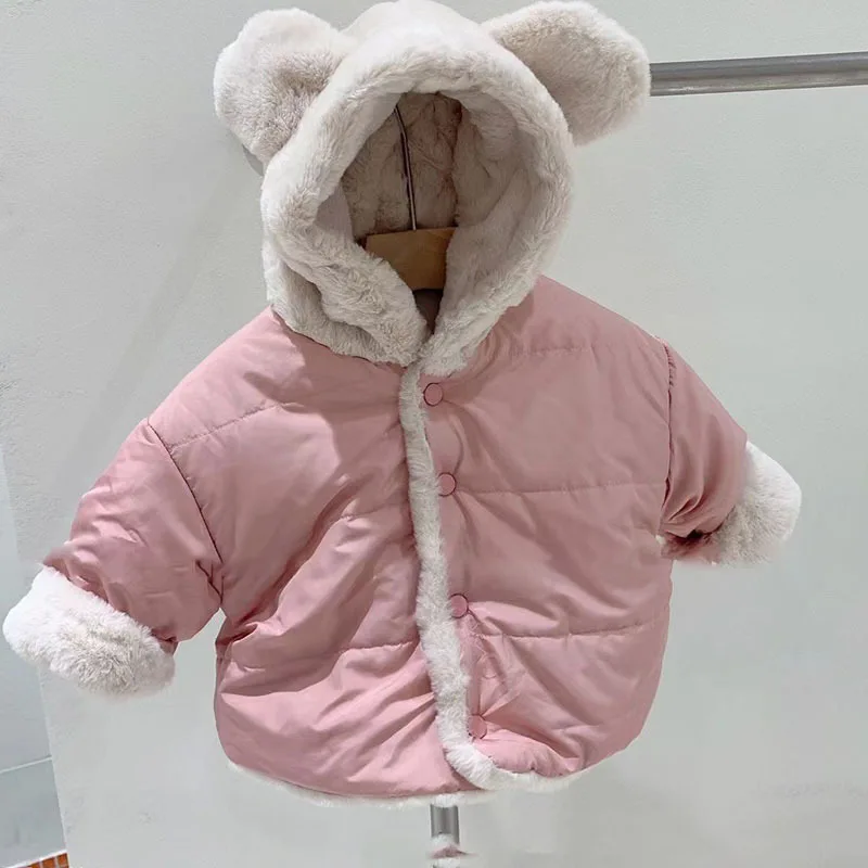 3729D Ins Korean Baby Coat Neutral Thickened Solid Color Coat Winter Warm Hooded Boy's Jacket Girl's Casual Bear
