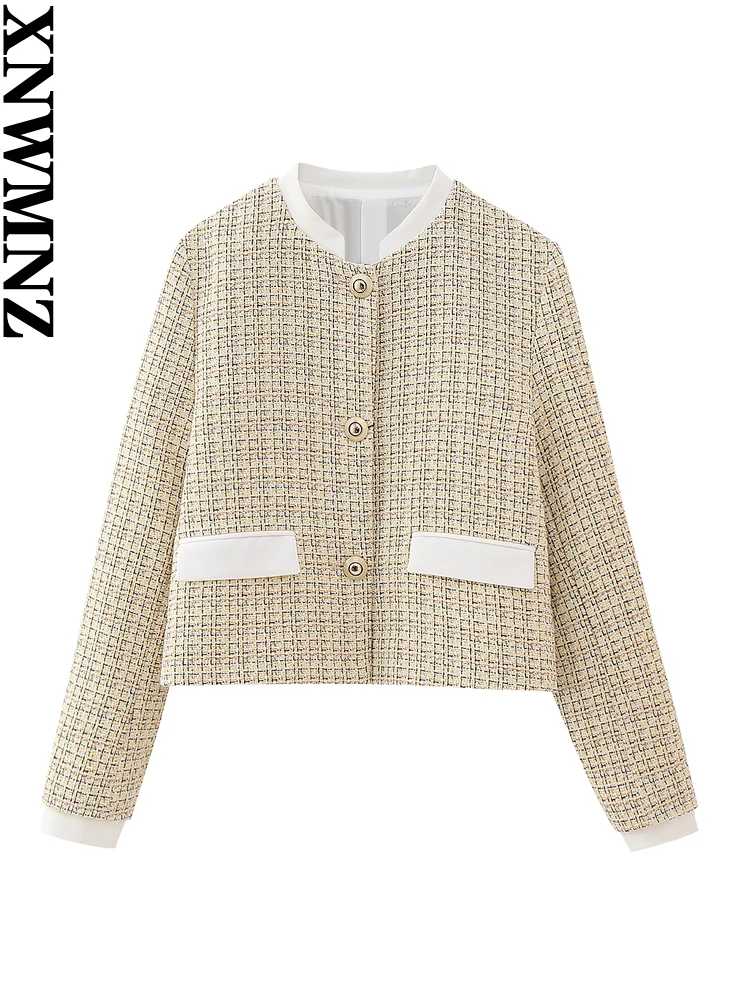 

XNWMNZ Женская мода 2023 Осенняя короткая текстурированная Женская высокая горловина с длинным рукавом контрастная отделка универсальное Женское пальто