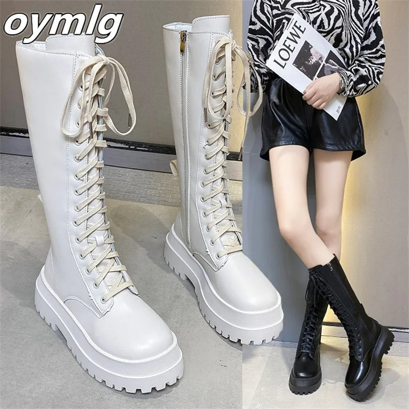 Women's mid to long boots, black boots, 2022 new high leather boots, lace up boots