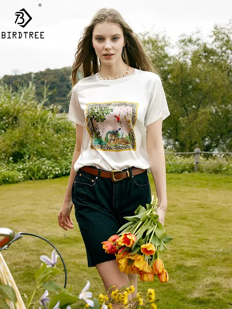 

BirdTree, 6A 16MM 100%Real Silk Elegant T-Shirt, Women Short Sleeve Printed, Retro Casual OL Tops, 2024 Summer New Tees T44328QM