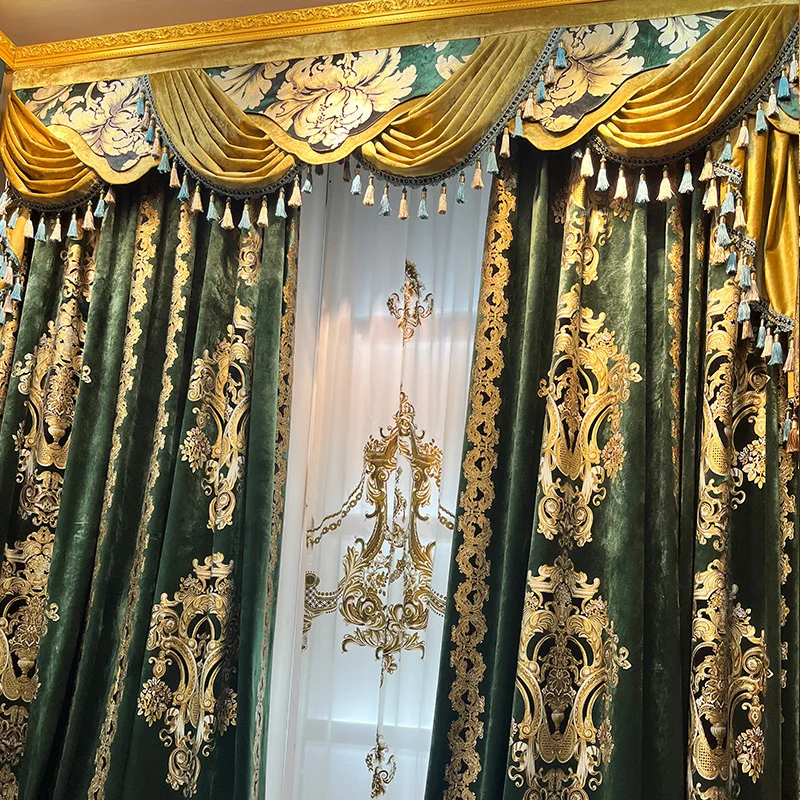 

Custom curtain American luxury living room high-class thick velvet green cloth blackout curtain tulle valance drape C1003