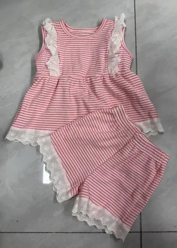 의류 소녀 여름 2Pcs 복장 줄무늬 레이스 트림 프릴 탱크 탑과 반바지 아동 의류 세트