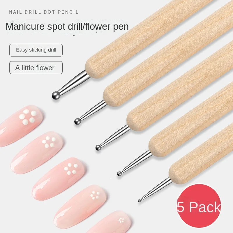 5pc Professional 2 ways Nail Art Dotting Pen Wood Steel DIY Dotting Pens Rhinestones Gem Picker Manicure Tools 2