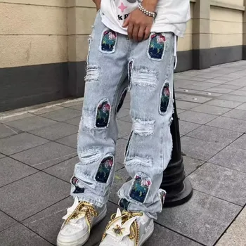 2023 Japanese Streetwear Embroidery Men Jeans Pants Cargo Vintage Harajuku Men's Denim Trousers 1