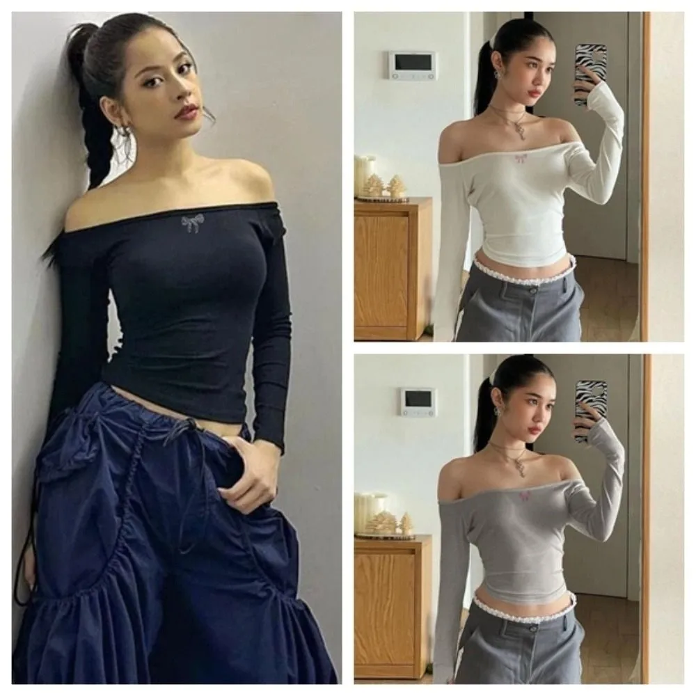 Ins Rhinestone Bow Off Shoulder T-Shirt Slim Fit Solid Color Long Sleeve T-Shirt Autumn Chic Base Pullover Tops Spring