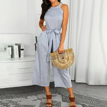 

2022 Spring Summer Women Striped Waist Belted Wide Leg Jumpsuit Fashion Holiday Halter One Piece Suit Sleeveless Womens Clothes