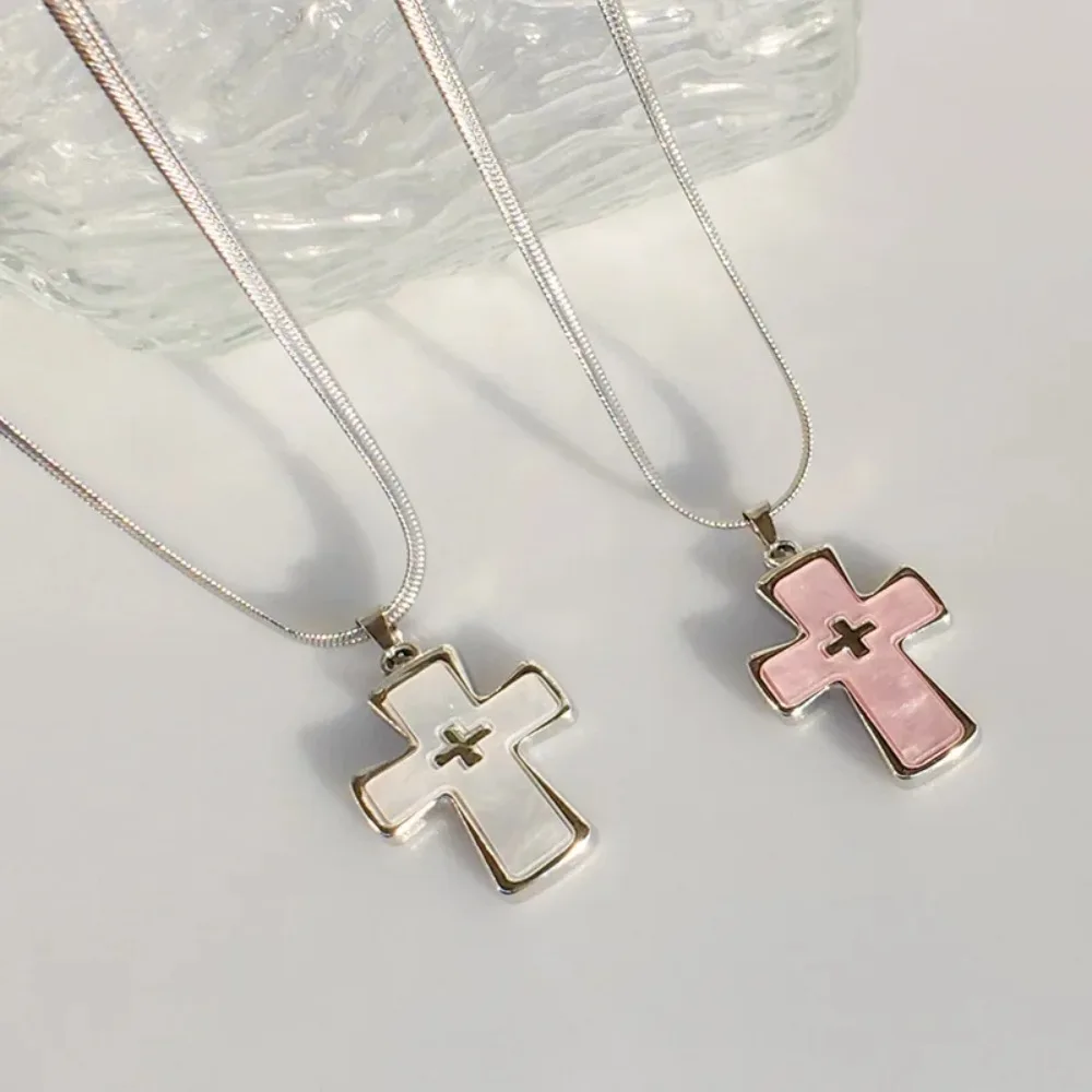 Gothic Cute Y2K Pink Drip Oil Cross Necklace for Women Punk Flat Snake Bone Chain Necklace  Jewelry Acssesories