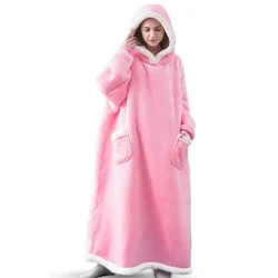 Ultra - Cozy Oversized Flannel Blanket Hoodie with Sleeves - Clothes Length 120CM (Pink)