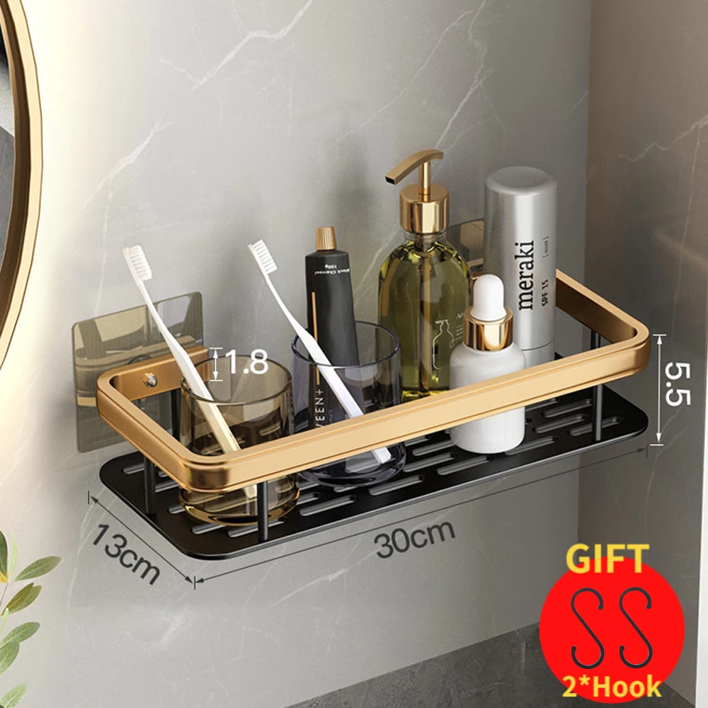 VILOYI Shower Shelf Thickened Space Aluminum Bathroom Shelves Black Gold  Self Adhesive Wall Mounted Square Shampoo Storage Racks - AliExpress