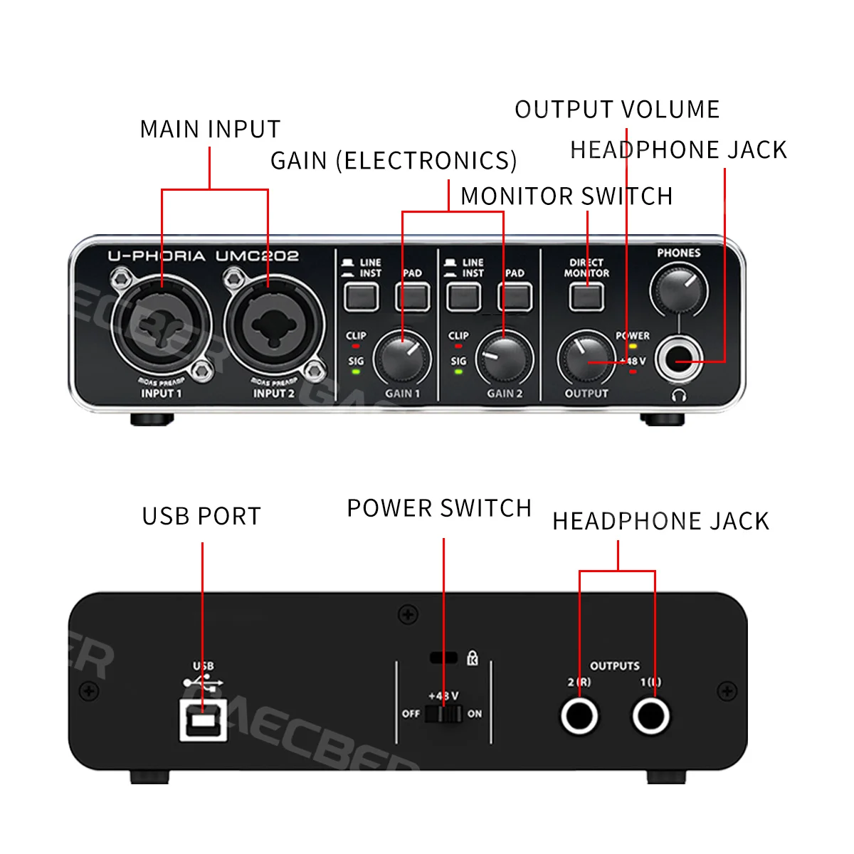 Audio Interface UMC202 Professional Sound Card Monitoring Electric Guitar Live Recording for Studio Singing Micro