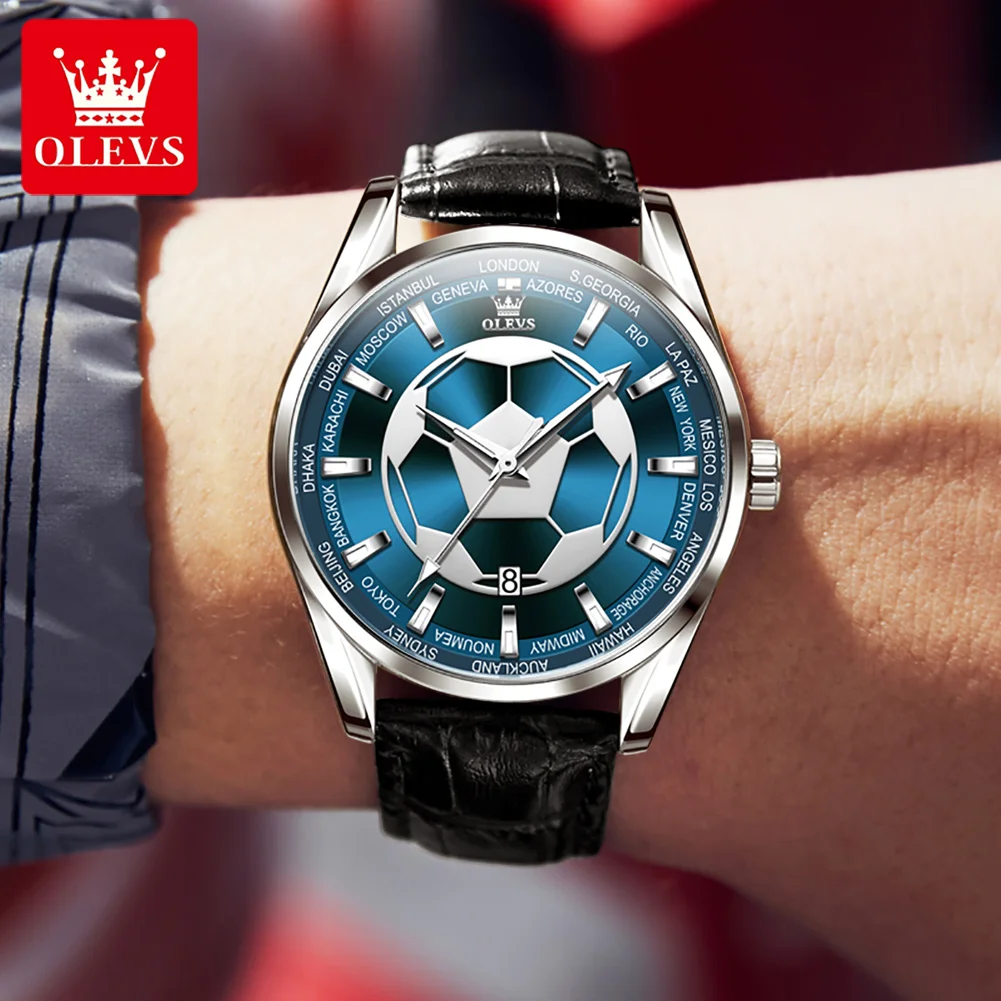 OLEVS Brand Fashion Football Dial Design Blue Quartz Watch for Men Luxury Leather Strap Waterproof Luminous Date Mens Watches