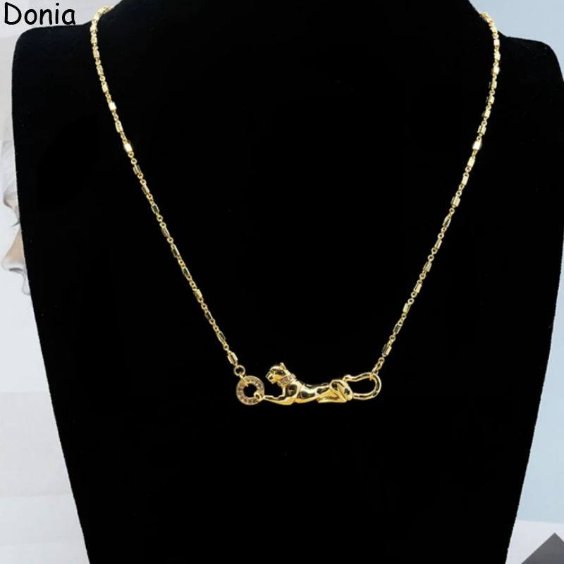 Donia Jewelry Fashion Enamel Green Eye Leopard Titanium Steel Micro-Inlaid AAA Zircon Luxury Animal Necklace