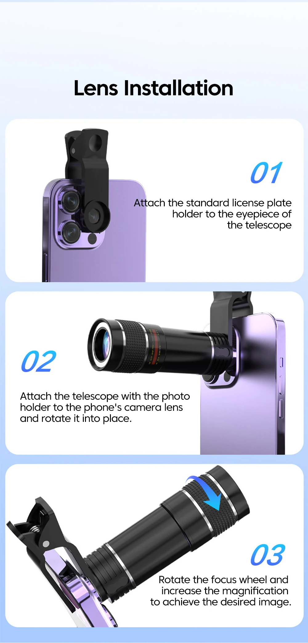 20x Mobile Phone Telephoto Lens Portable Adjustable Focal Length External Camera Cellphone Universal Clip-on Shooting Accessorie