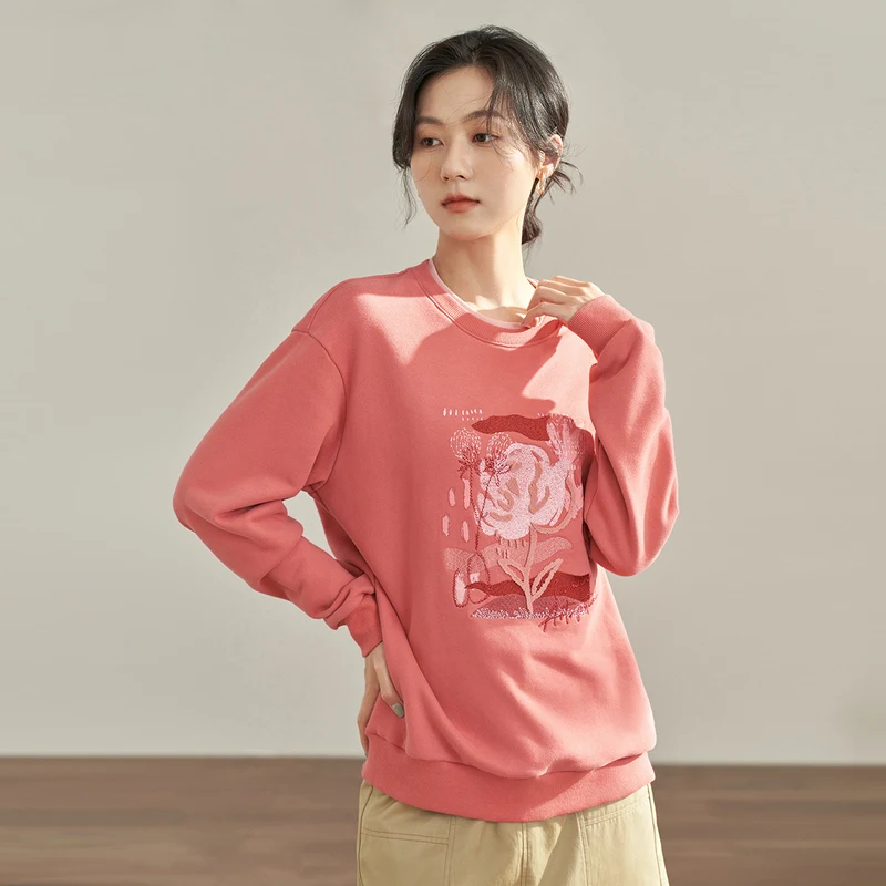 INMAN Women Sweatshirts 2023 Autumn Long Sleeves Round Neck Loose Hoodies Contrasting Embroidery Casual All-match Red Tops