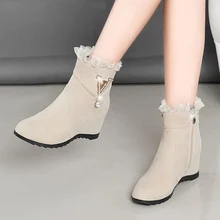 

2022 New Winter Fashion Women Wedges Ankle Boots Increasing Height Shoes Gauze High Heels Booties Metal Rhinestone Botas Mujer