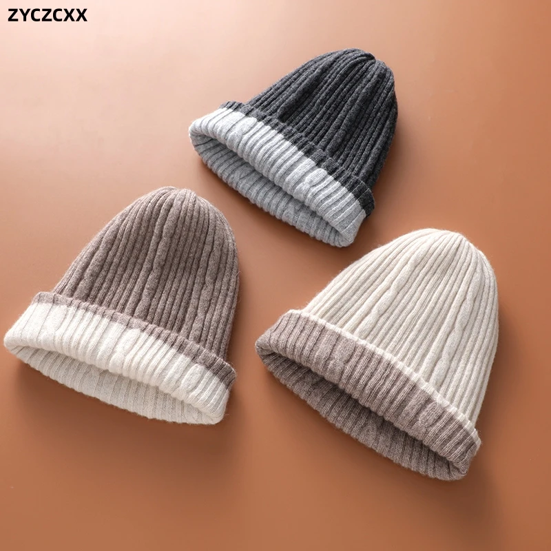 

ZYCZCXX Pure Cashmere Unisex Knitted Hat Men's Ski Pullover Hat Women's Thickened Warm Outdoor Windproof Double Brim Hat Women's