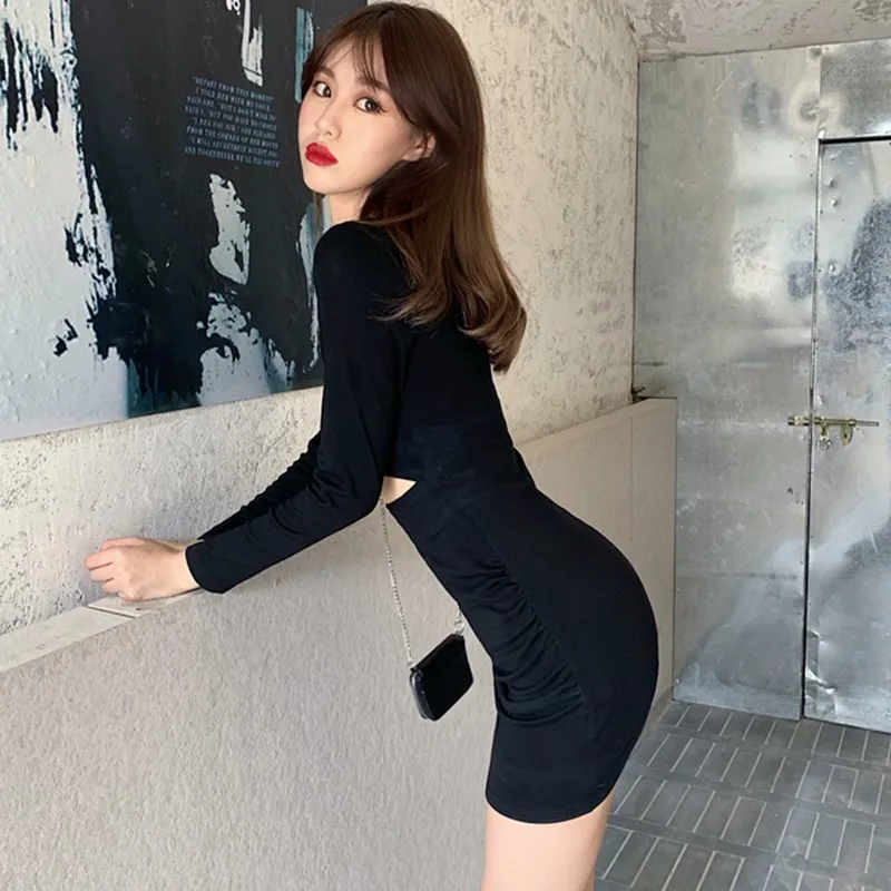 

Spring Long Sleeve Dress For Women High Waist Exposed Waist Line Pleated Solid Color Tight-fitting Hip Wrap Casual Shopping