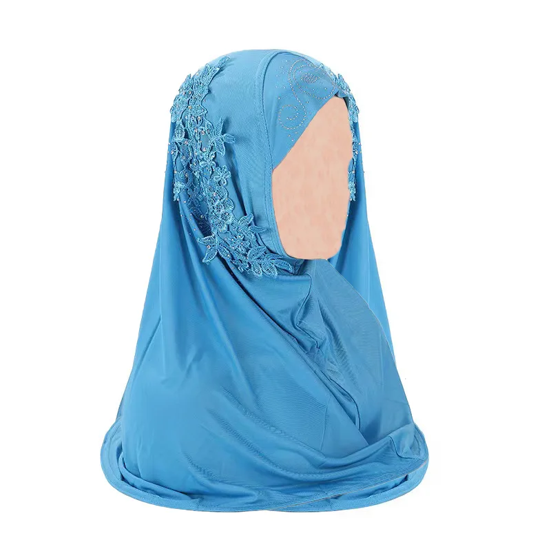 Muslim Pullover Hat Solid Color Sparkling Diamond Lace Flower Middle Eastern Beauty Girl Headband Cover