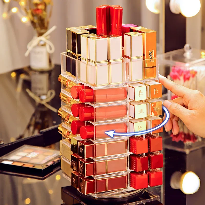 53 Lattices Acrylic Lipstick Tower 360 Degree Rotating Makeup Lip Gloss Storage Rack Nail Polish Organizer Cosmetic Display Case 3