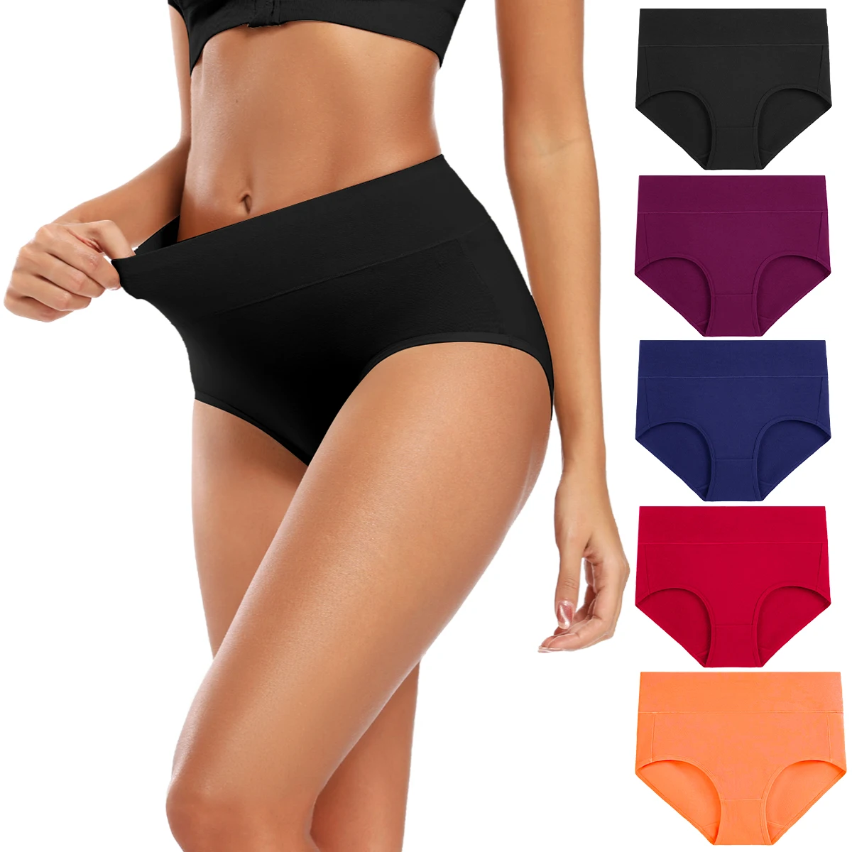 POKARLA 5pcs Women's Cotton Panties Seamless Underwear High Waist Full Coverage Ladies Briefs Set Breathable Underpant Plus Size