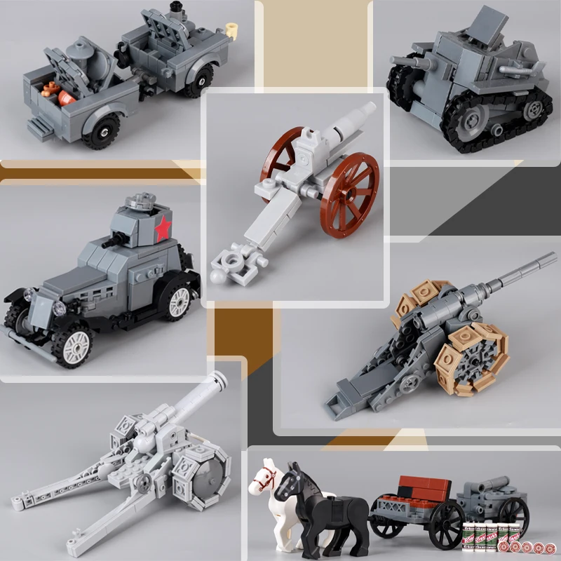 Military Cannon Gun Artillery Tank Building Blocks Germany Soivet Italian Soldiers Figure Armor Car WW1 WW2 Vehicle Brick Toys