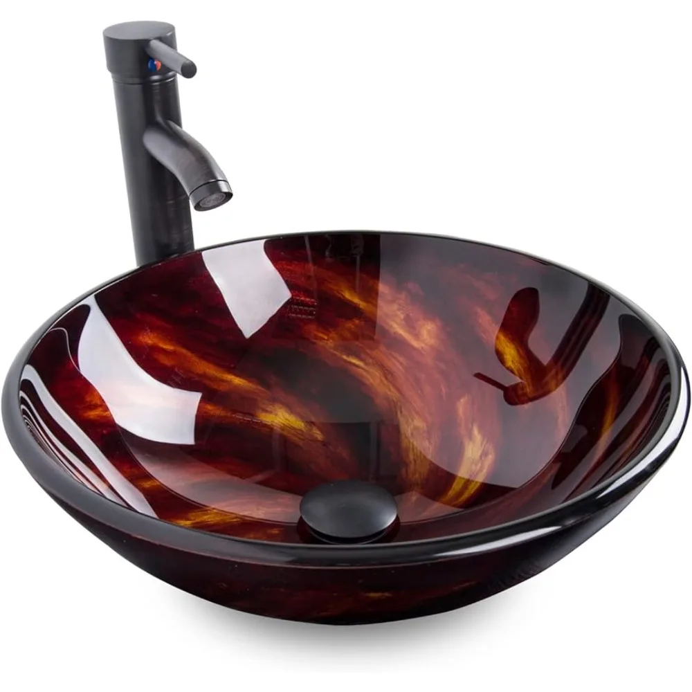 

Artistic Vessel Sink Bathroom Tempered Glass Vanity Round Bowl With Oil Rubber Bronze Faucet and Pop Up Drain Combo Flame Red