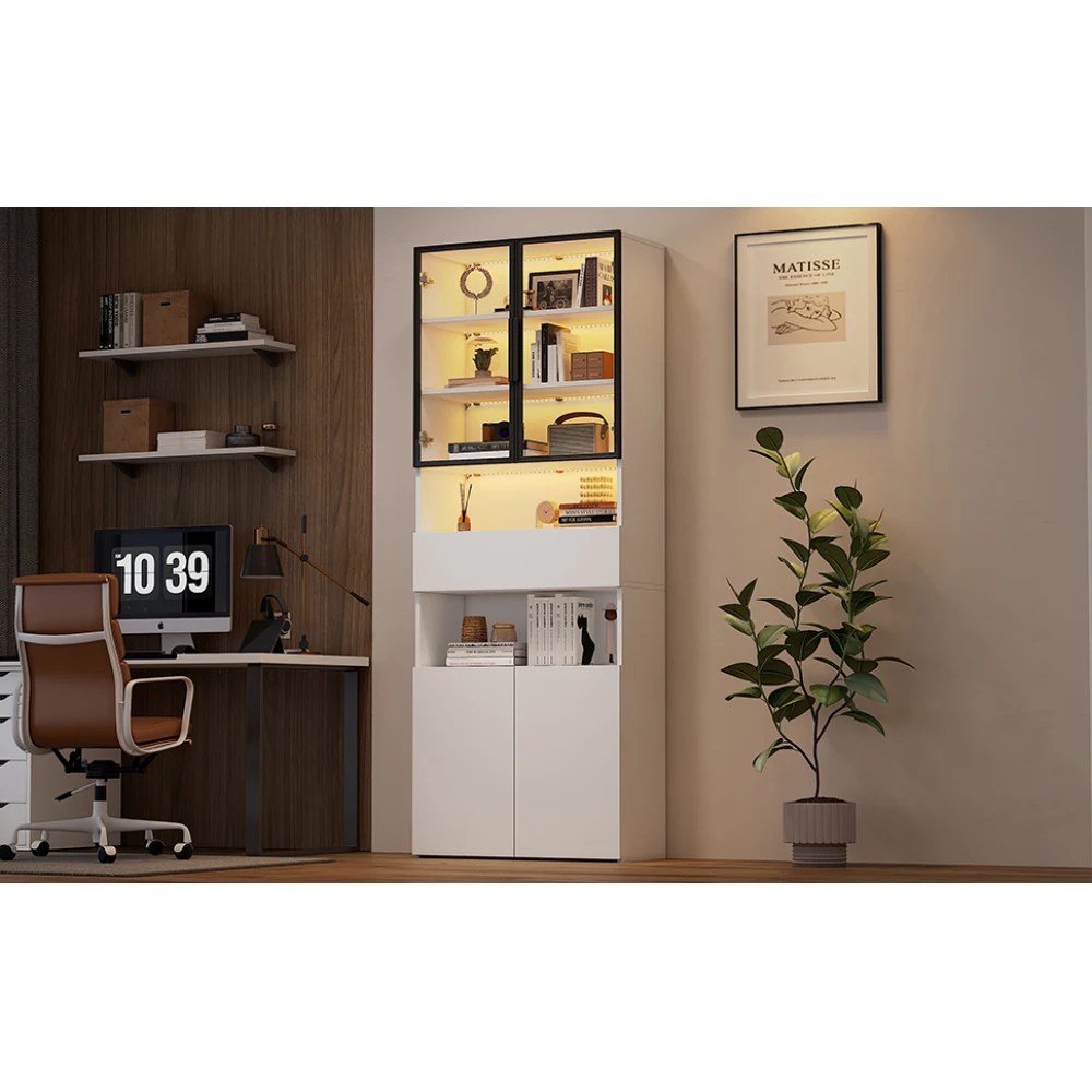 70*30*200cm Vitrine, Vitrine mit Schubladen und Schränken, mit Glastüren und LED, und offenem Stauraum, Bücherregal – Detail 19