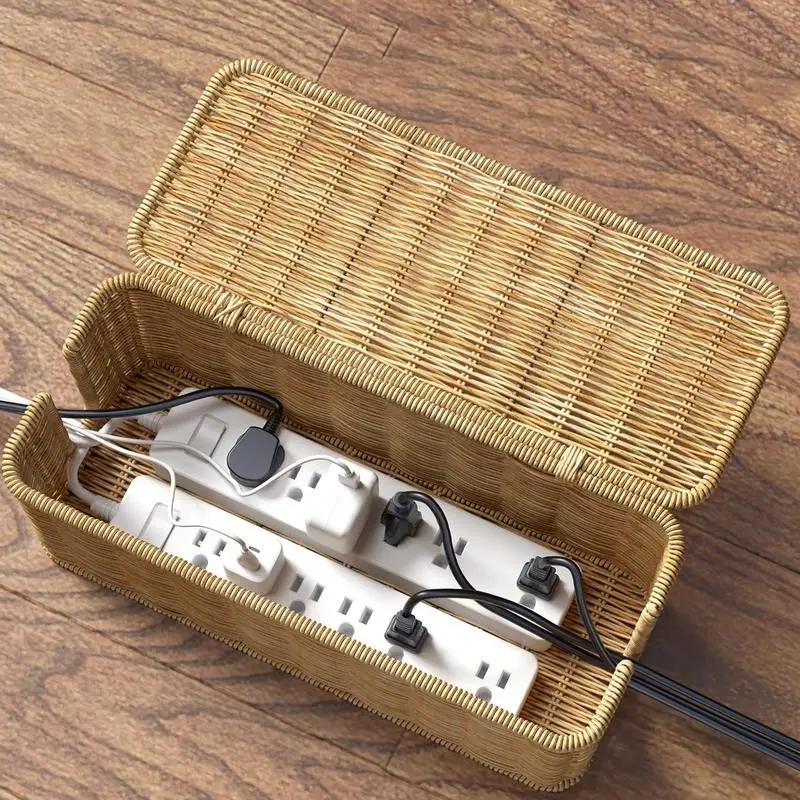 Rattan Cable Management Box Cable Hider Organizer Breathable Cable Box Organizer 2 Open Slots Cords Power Board Hider Box