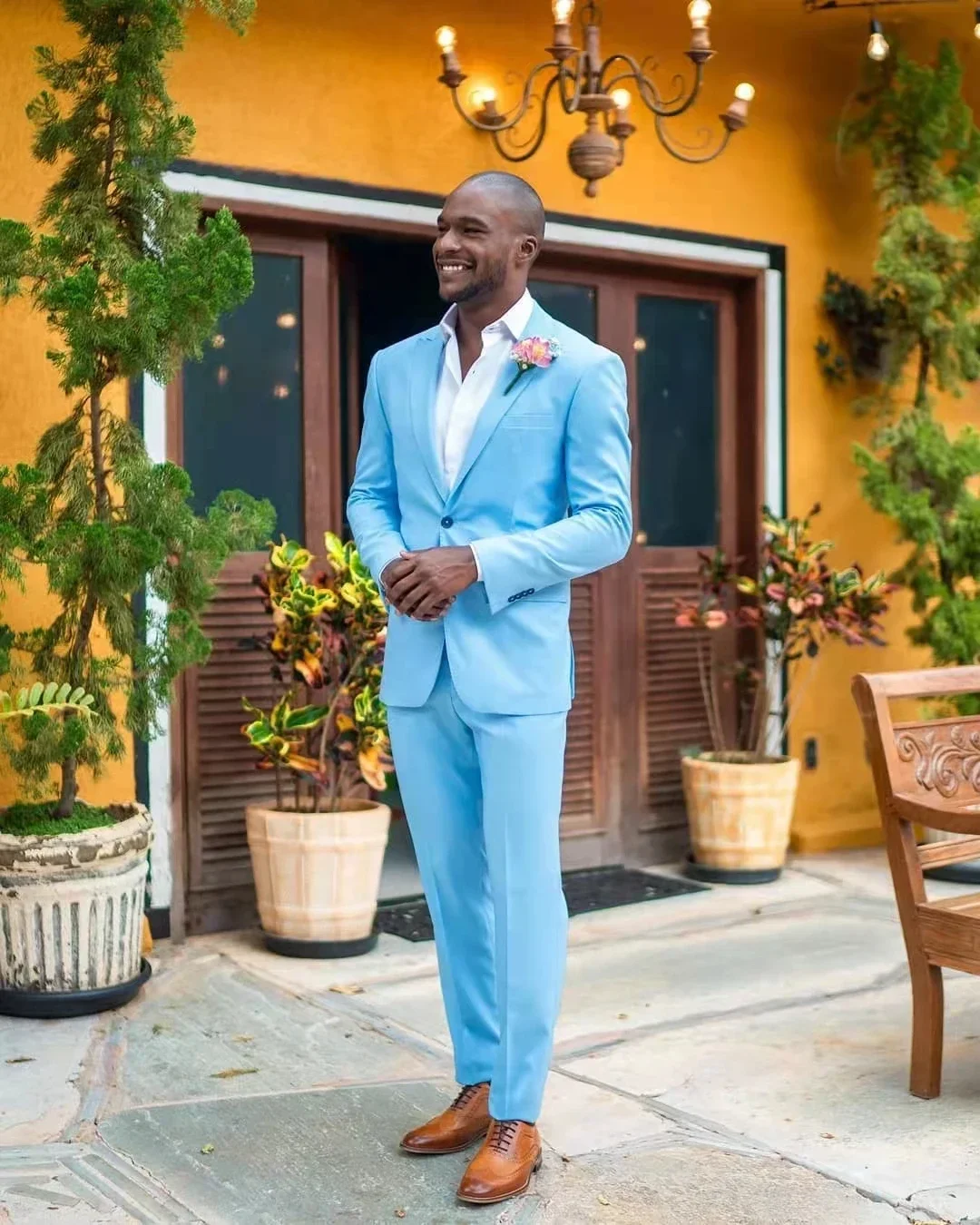 Sky Blue Formal Wedding Elegant Men Suit Groom Tuxedo Prom Slim Fit Blazers Hombre High Quality Custom 2 Piece Set Costume Homme