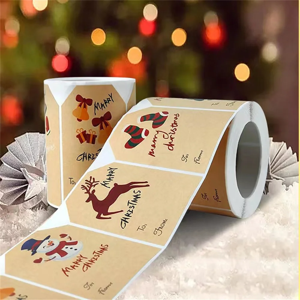 

250Pcs/Roll Kraft Paper Label Stickers Christmas Gift Name Tags Sealing Labels Xmas Gifts Party Decoration Stationary Stickers