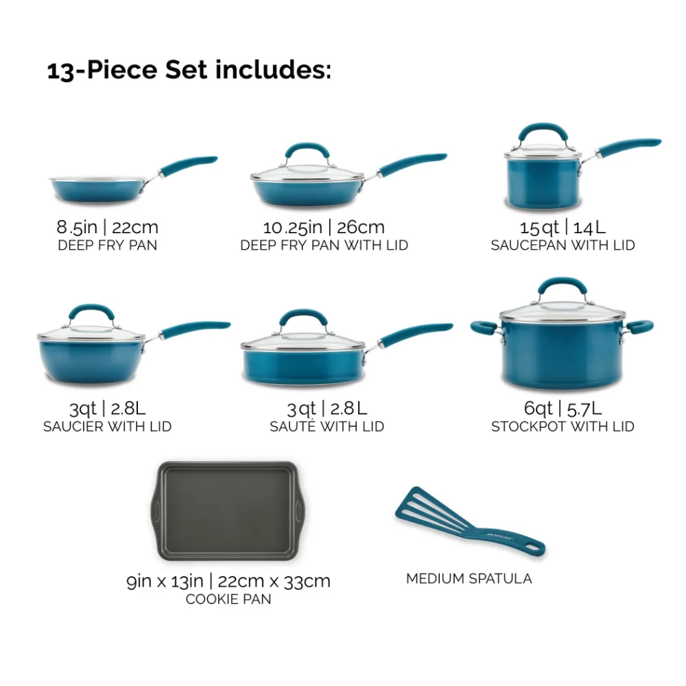 Rachael Ray Create Delicious Aluminum Nonstick Cookware Set, 13-Piece, Teal  Shimmer non stick cooking pot set - AliExpress