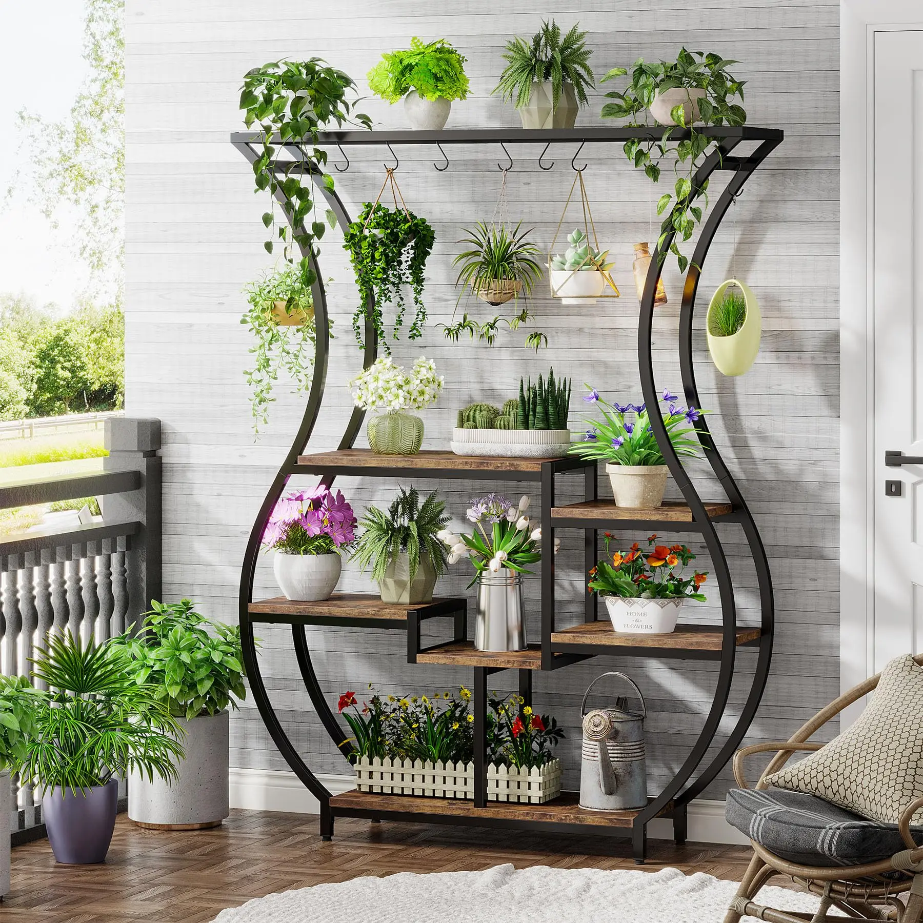 Plant Stand 6-Tier Plant Stand 70.9 Inch Tall Plant Shelf with 10 Hanging Hooks Vase Shape Ladder Stand