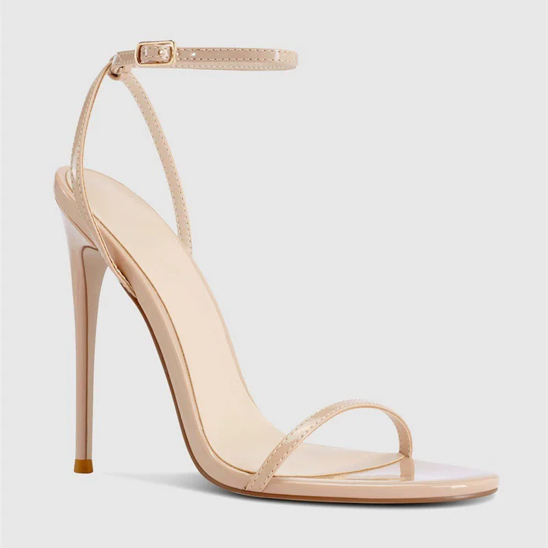 Summer Pointed Patent Leather One-line Foot Nude Lace-up Sexy Sandals Thin High-heeled Banquet Dress Large-size Women's Shoe