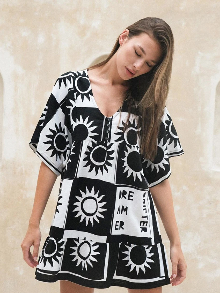 Marthaqiqi Summer Casual Printing Women'S Pajamas Half Sleeve Nightgowns Sexy V-Neck Sleepwear Loose Mini Dress Ladies Nightwear